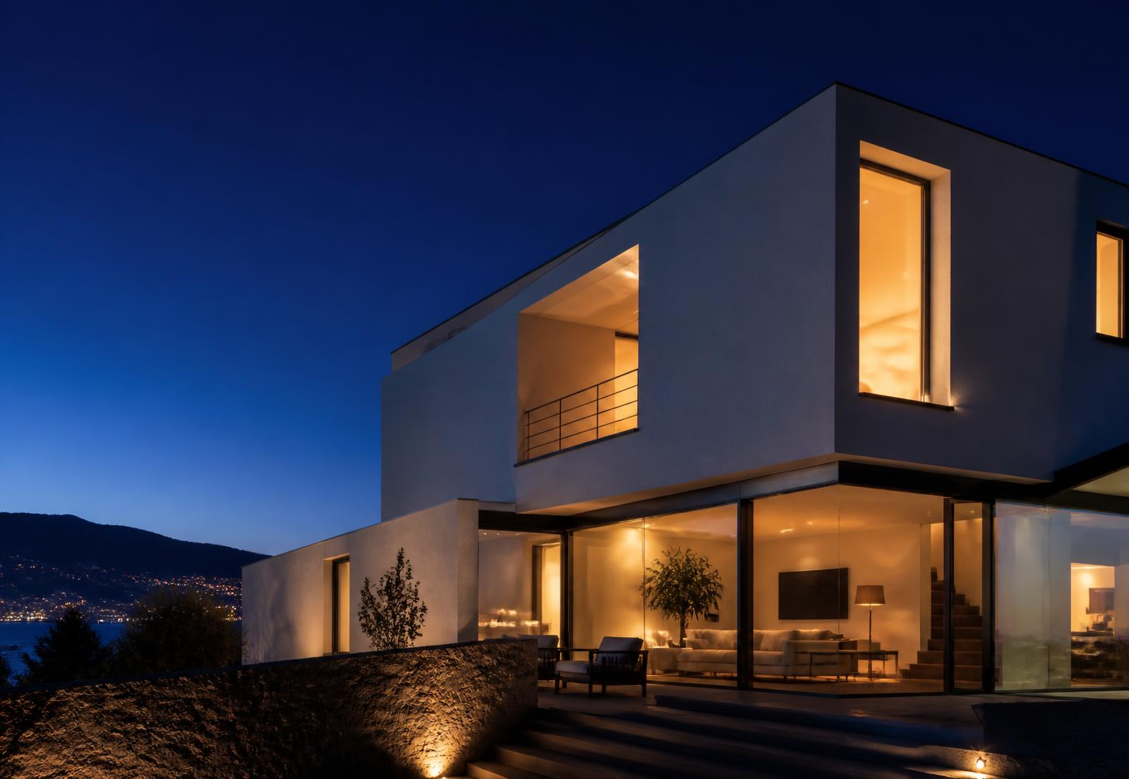 Villa contemporaine du sud de la France éclairée à l'heure bleue